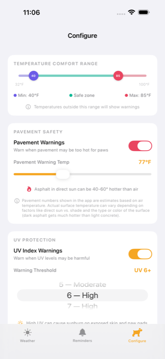 CoolTail settings screen with comfort ranges
