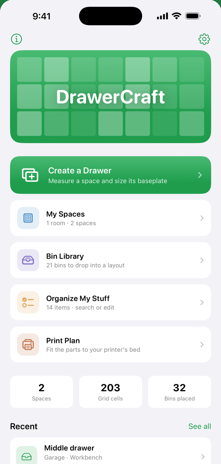 DrawerCraft home screen showing saved spaces, the bin library and a print plan