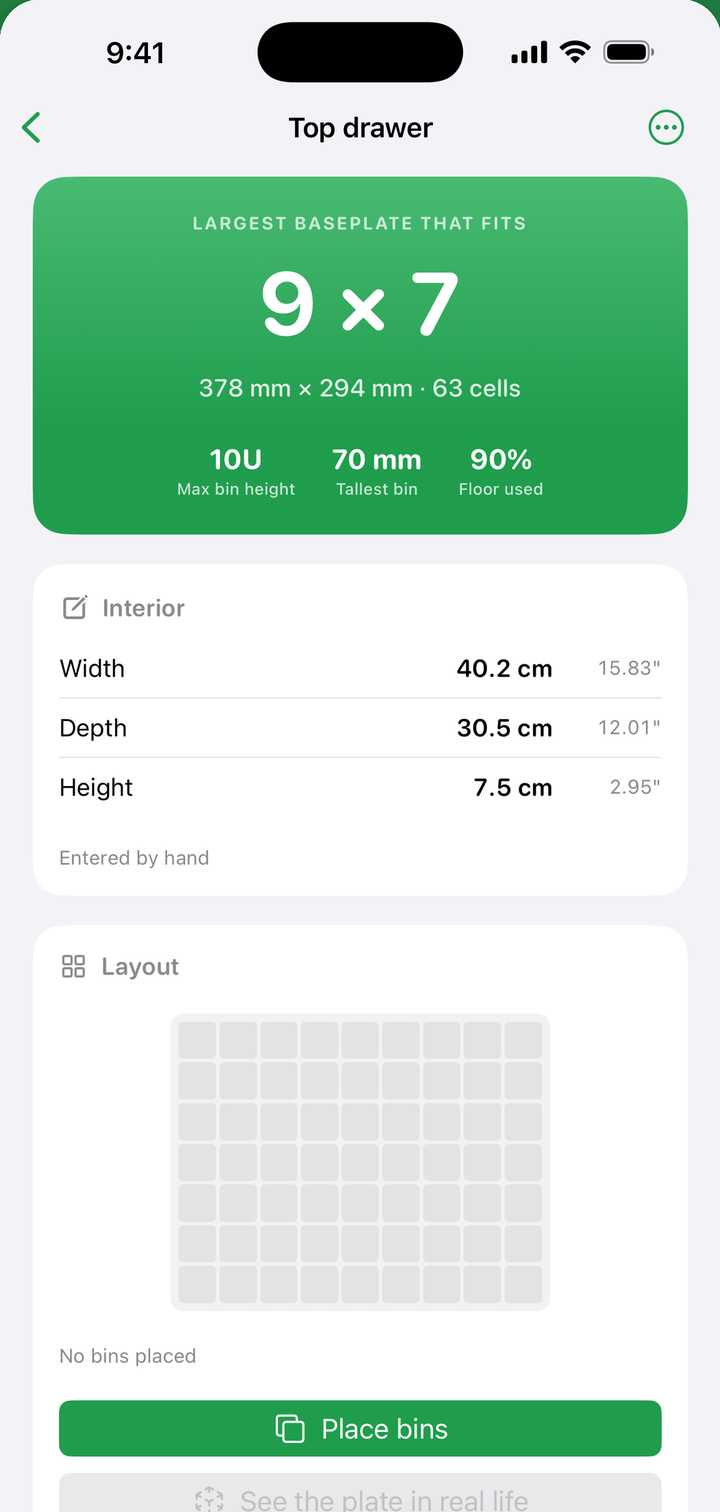 Entering drawer width, depth and height to get the largest baseplate that fits