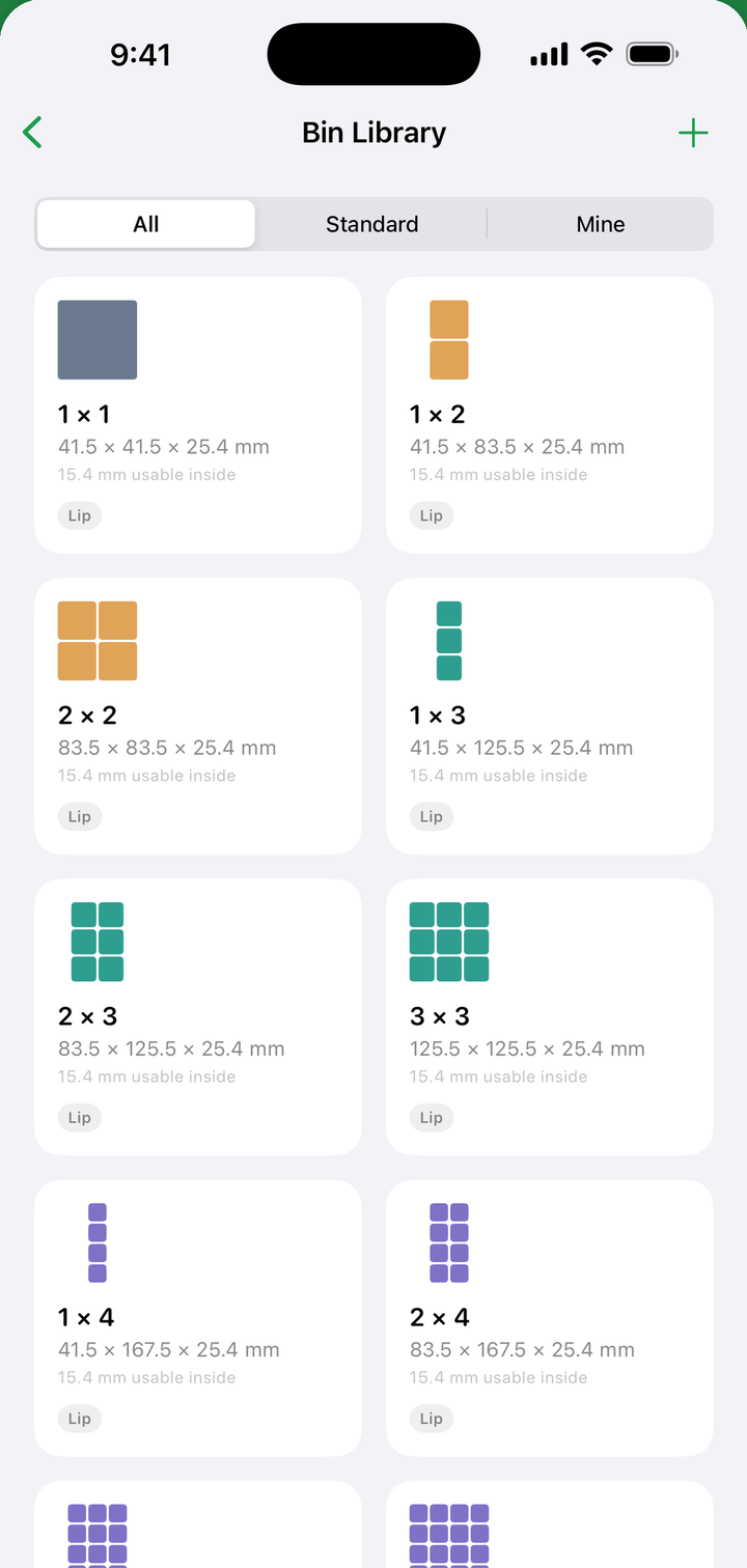 The bin library showing every standard size with usable interior depth