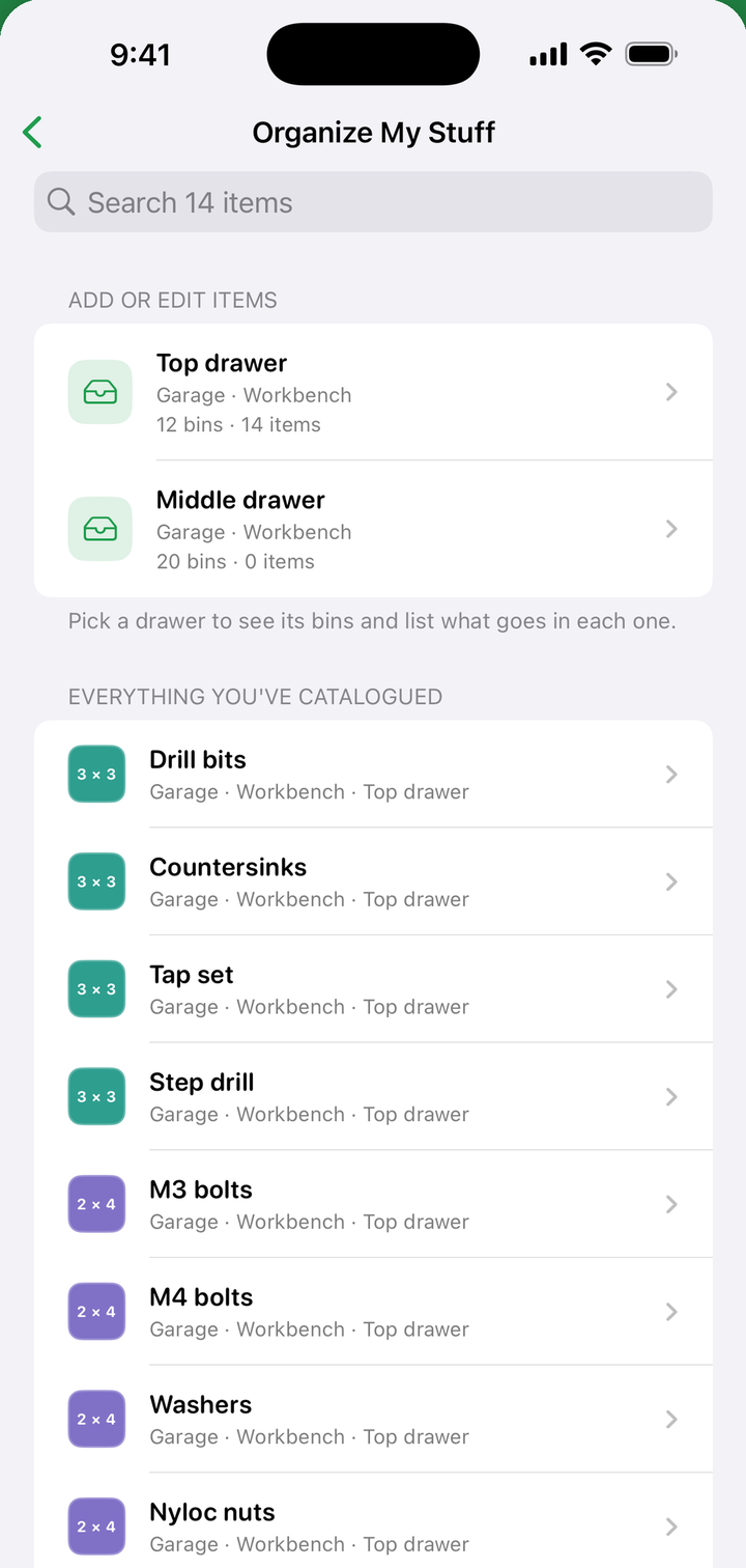 Searching a catalogue of what lives in every bin
