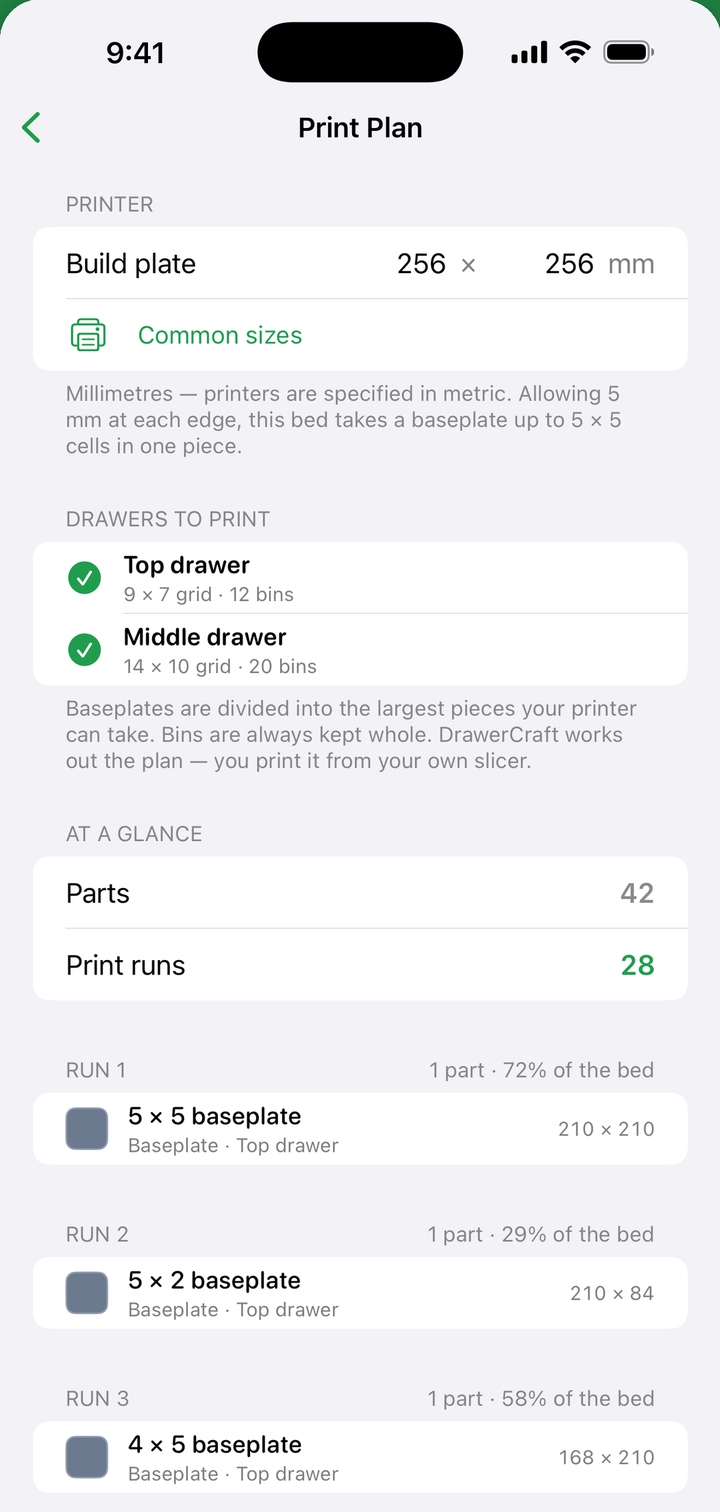 A print plan splitting baseplates across the printer bed