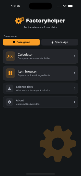 Factoryhelper home screen