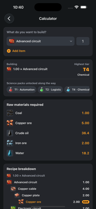 Build calculator showing raw material totals