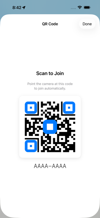 Invite screen with code and QR