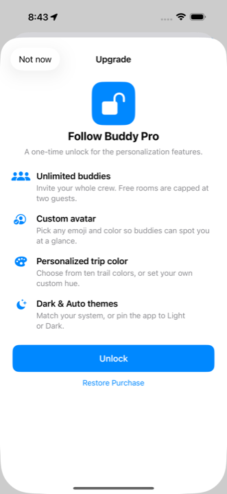 Follow Buddy Pro upgrade screen