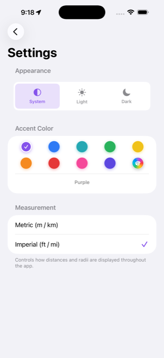 Settings screen with accent colours